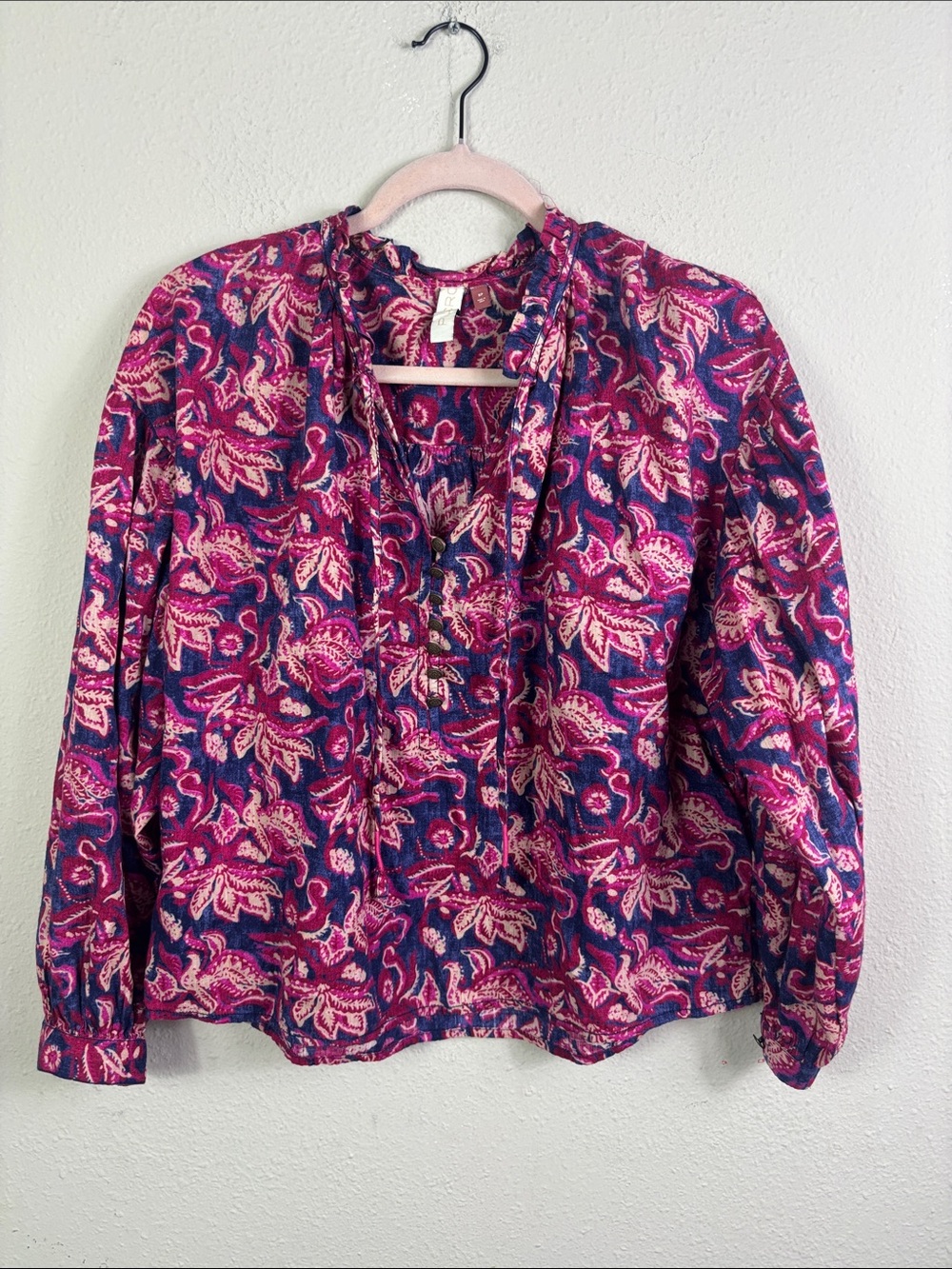 Pilcro Lucille Peasant Blouse Partial Button Floral Pink Purple Blue Top sz SP